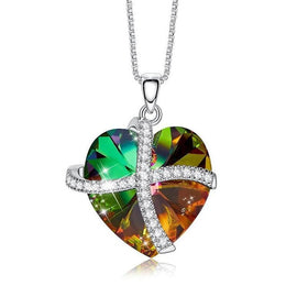 Crystals Rainbow Pave Heart Ribbon  Necklace